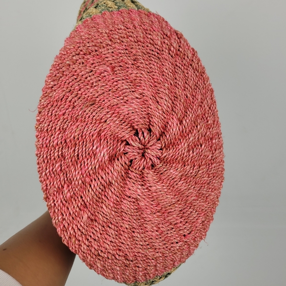 Vintage Straw Woven Bag in Pink‎ with Yellow Green Stripes - Picture 3 of 12